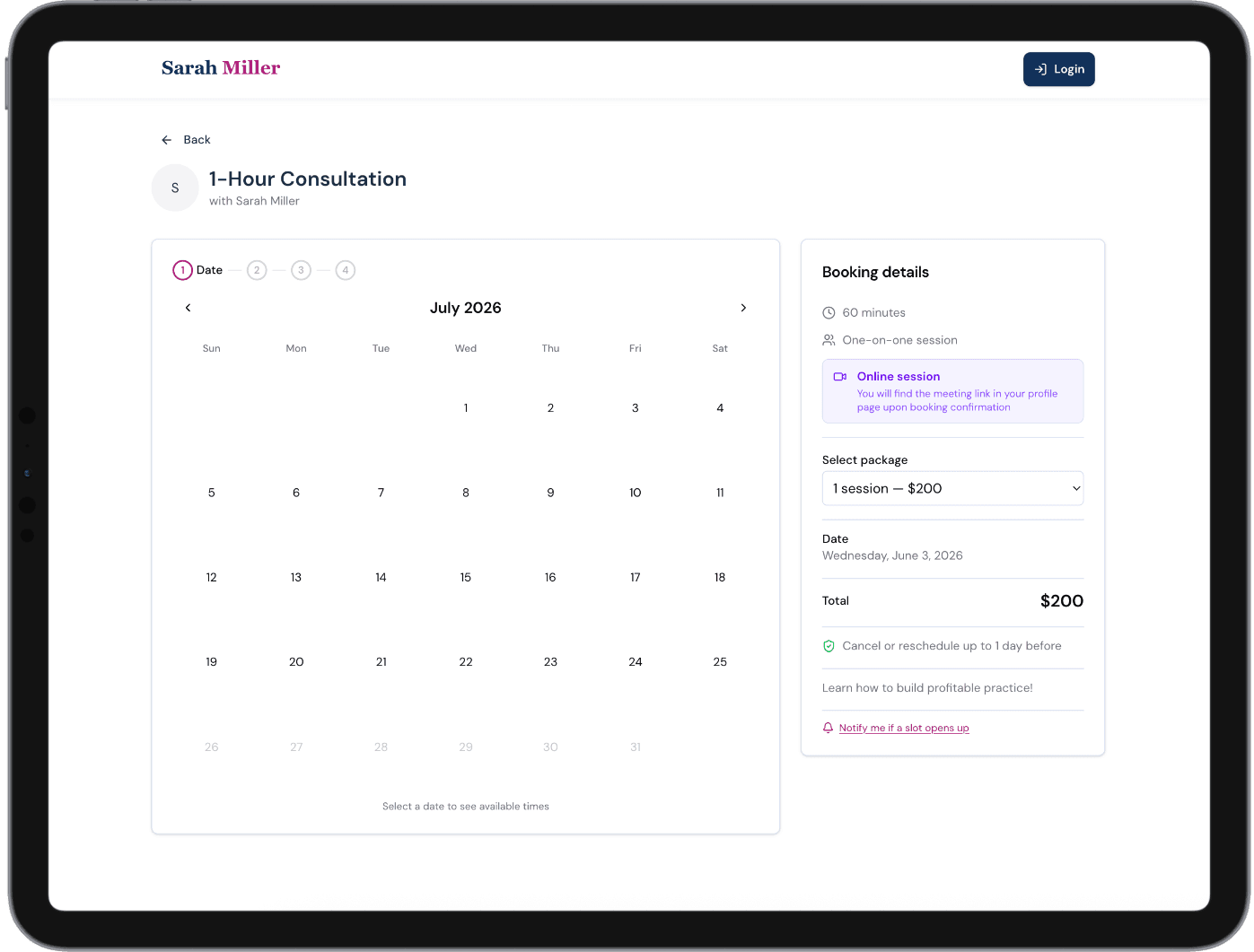 Session booking page with calendar