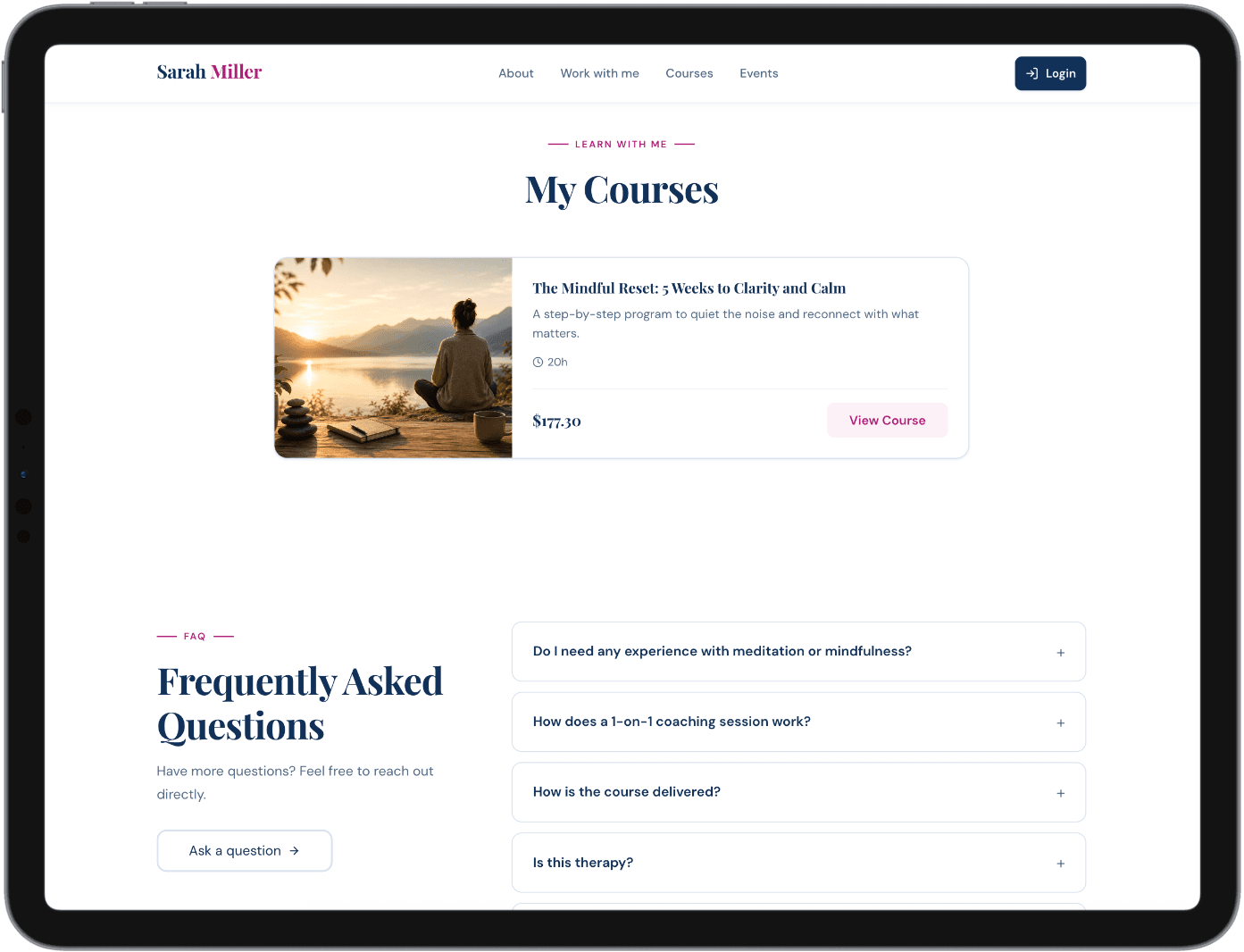 Courses listing and FAQ section