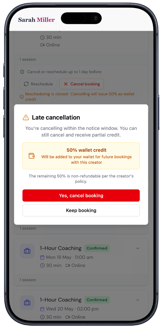 Merkora late cancellation policy UI