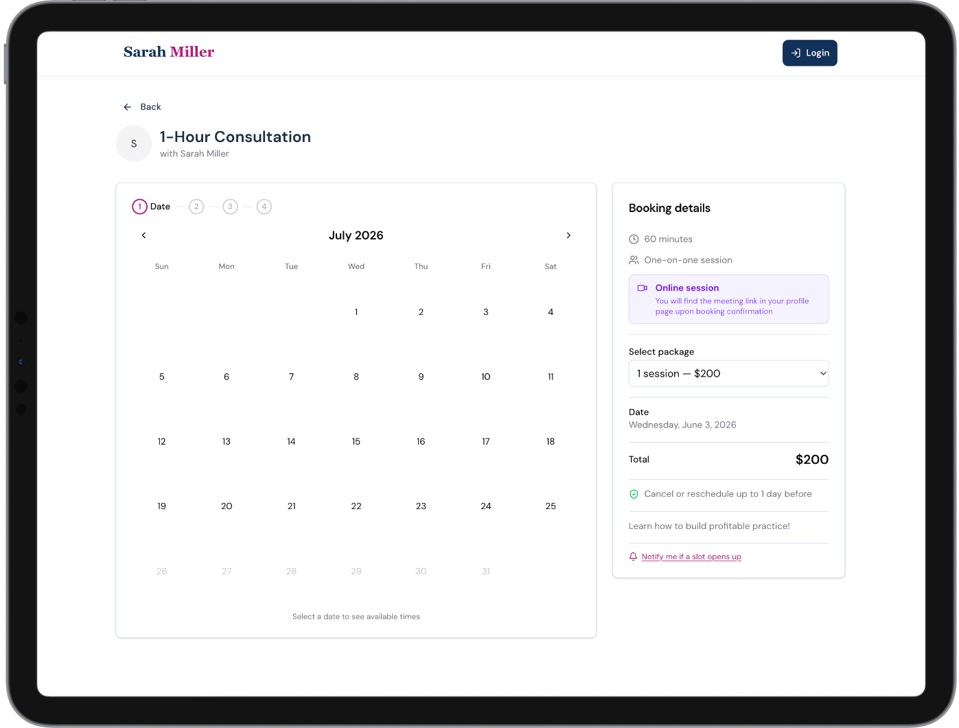Session booking page with calendar