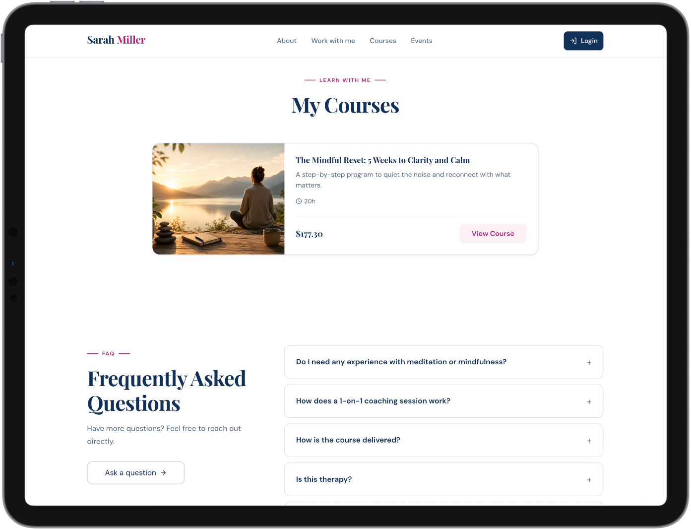 Courses listing and FAQ section